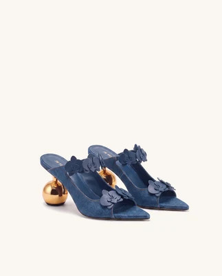Rosalie Orchid Appliqué Sphere Heel Mules - Denim Blue | JW PEI US