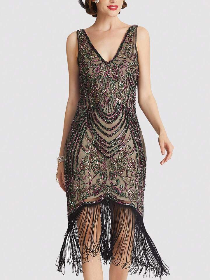 Fringe Hem Sequin V Neck Party Dress | SHEIN