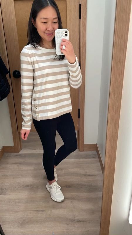Do you like this buttoned or unbuttoned on the sides? Trying this on on size S which is a relaxed fit. I wish I tried on size XS for comparison. 

This new stripe top is also available in yellow and navy stripes.

Heattech leggings in kids 11-12.

I'm 5' 2.5" and 110 pounds.

J.Crew Factory New Arrival fitting room try-on

#LTKsalealert #LTKfindsunder50 #LTKSpringSale