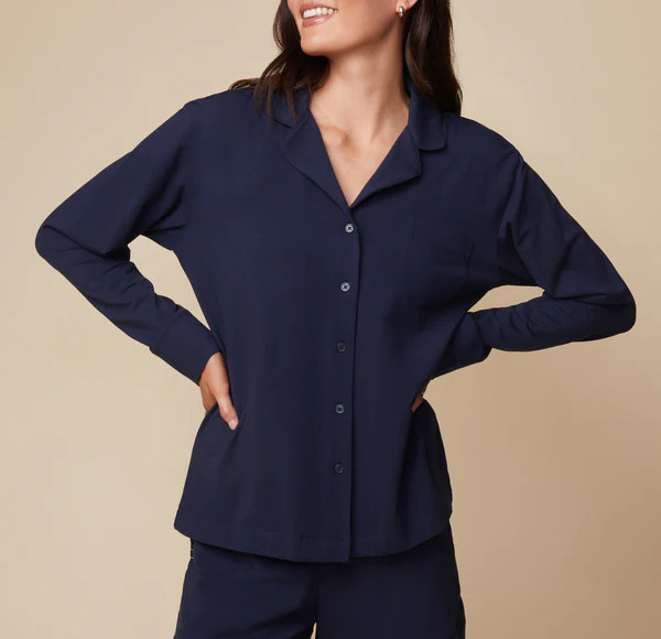 Perfect Pima Long Sleeve PJ Shirt - Navy | Harper Wilde