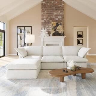 123 in. Square Arm 3-Piece Linen Modular Sectional Sofa in White with Ottoman | The Home Depot