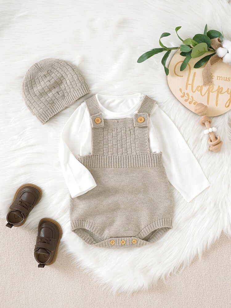 Baby Textured Knit Bodysuit & Hat Without Tee | SHEIN