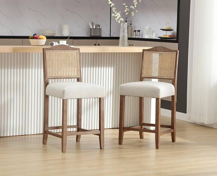 Rattan Counter Height Bar Stools Set of 2 Mid Century Barstools with Back Wooden High Bar Chairs ... | Amazon (US)