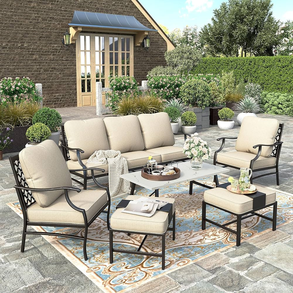 HERA'S HOUSE 6 Piece Patio Furniture Set, 2 x Metal Cushioned Chair, 2 x Cushioned Ottoman, 1 x 3... | Amazon (US)