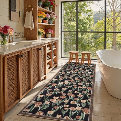 Floral Runner Rug – Soft, Stain-Resistant, Non-Slip Carpet for Kitchen, Laundry, Bedroom, Bathroom, Machine Washable, Durable Home Decor, Black | Target