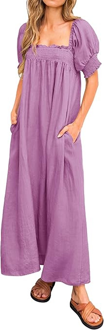 KIRUNDO 2023 Women's Summer Puff Sleeve Square Neck Loose Maxi Dress Pocketed Babydoll Maternity ... | Amazon (US)