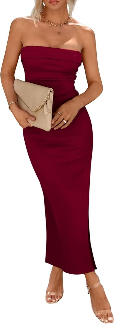 PRETTYGARDEN Women's Summer Bodycon Maxi Tube Dress Strapless Side Slit Long Elegant Cocktail Par... | Amazon (US)