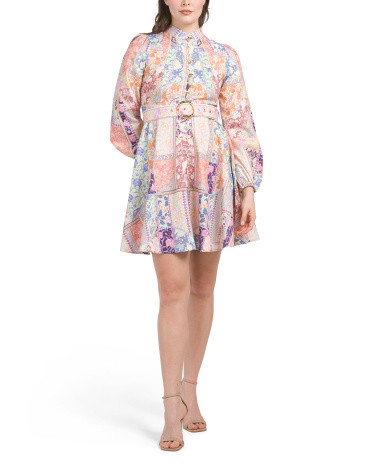Patchwork Long Sleeve Mini Dress With Belt | TJ Maxx