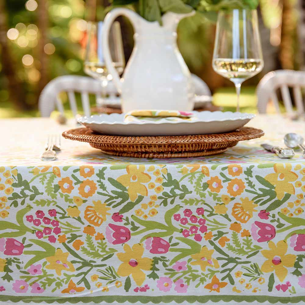 70s Flower Colorful Hand Block Printed Tablecloth | Pomegranate