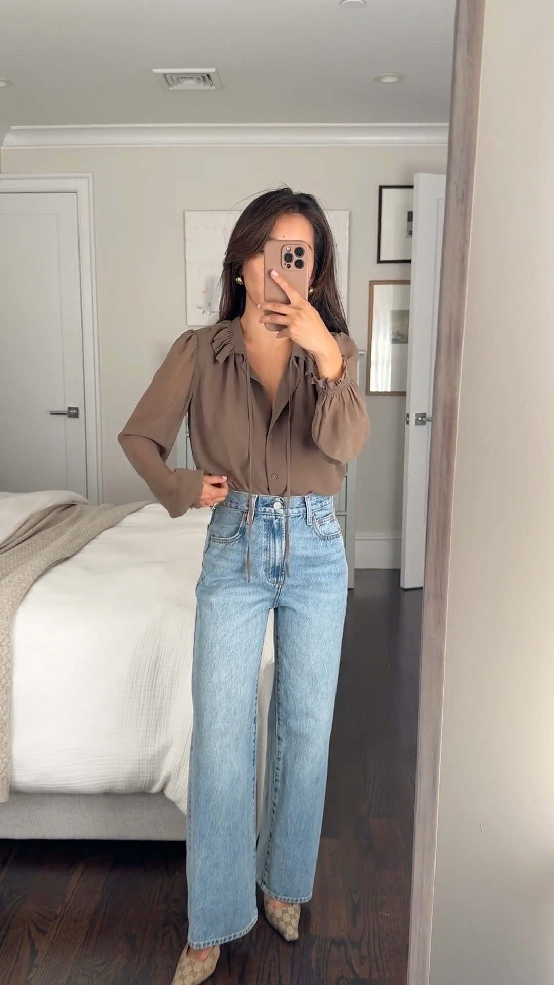 Aritzia makes some beautiful blouses that drape elegantly and are machine washable! 

Linked a few in the same fabric as this with better stock. Pair with jeans or workwear. I machine wash on gentle in a delicates mesh bag.

• blouse xxs, fluid and semi sheer only at the sleeves. Pairs well with workwear trousers and skirts too

• Farrah Hi-rise Wide leg Jeans sz 24 short in “7 Yrs Bleu Taboo"  runs a little big at waist . One of my all time favorite jeans. Can cut the hems if Short is out of stock 

• Gucci kitten heels

Petite office style, smart casual, outfits with denim, good jeans 

#LTKWorkwear #LTKPetite