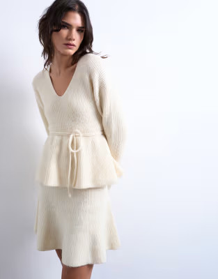 Topshop knitted tie waist peplum co-ord top in ivory | ASOS (Global)