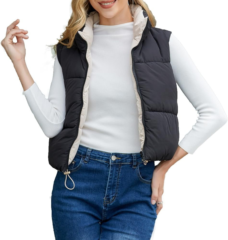AJUVEN Women's Winter Crop Vest Lightweight Reversible Warm Outerwear Puffer Vest Padded Gilet | Amazon (US)