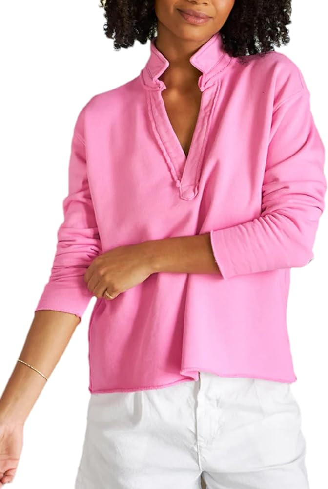 Zontroldy Women's Casual V Neck Pullover Sweatshirt Long Sleeve Solid Color/Stripe Polo Collared ... | Amazon (US)