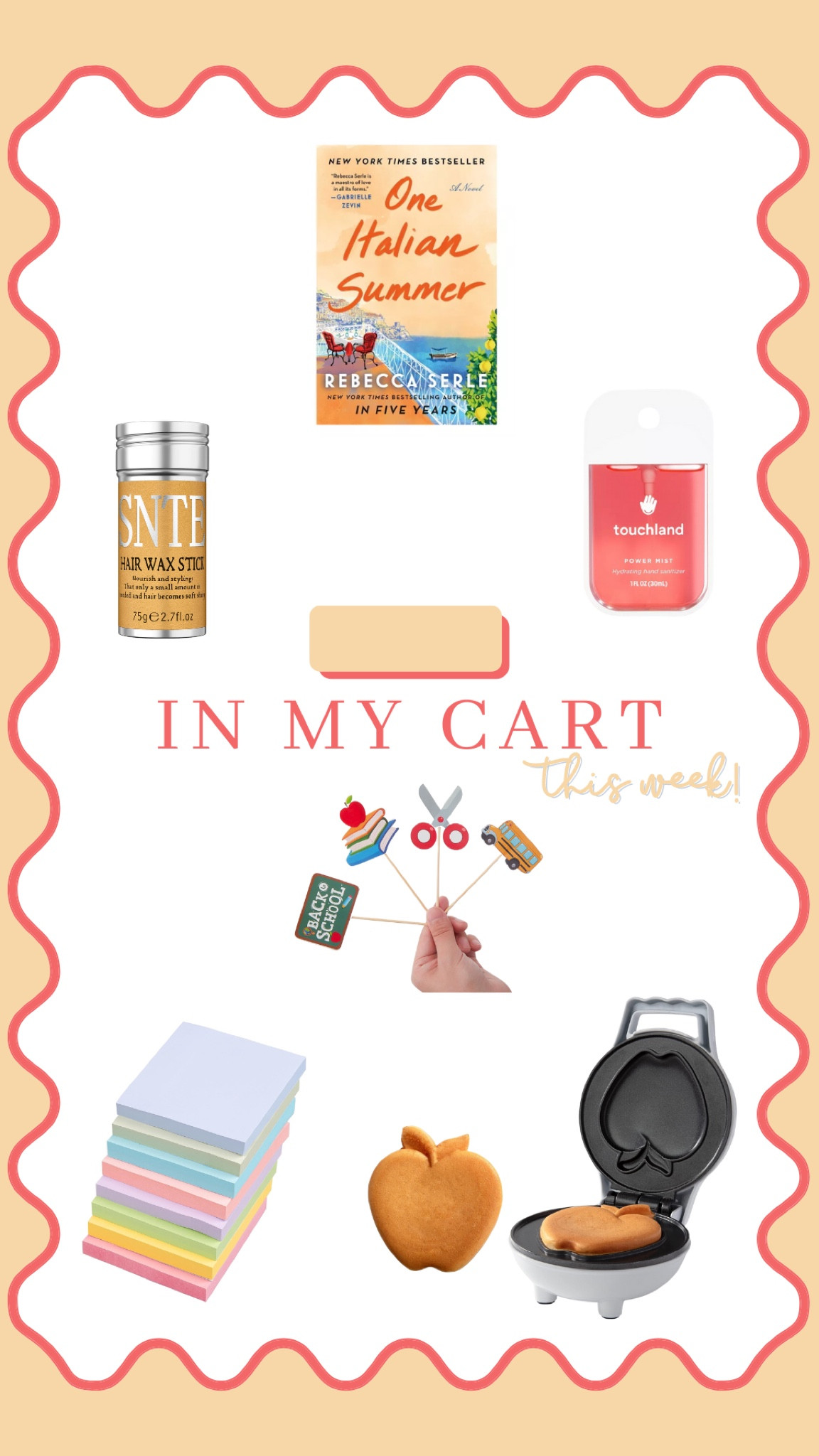 In my cart this week - a summer read, hair wax stick for slick ponies and buns, spray hand sanitizer, colorful sticky notes, and back to school accessories for a first day breakfast 🍎📚 

#LTKFindsUnder50 #LTKBacktoSchool #LTKSeasonal