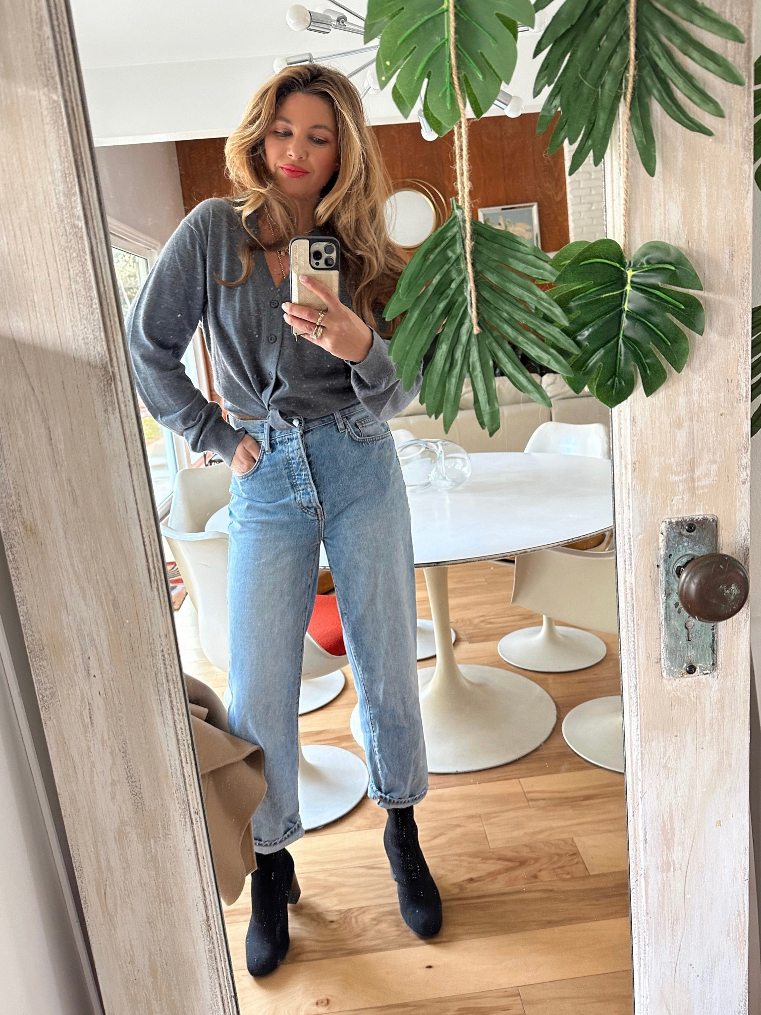 Cardigan, cropped jeans, Sock booties, hot rollers, red lips 

Today. 💄
Cardigan: men’s medium and super soft cashmere and on sale
Jeans: 27
Coat: small
Hot rollers: use BEAUTYPROFESSORT320 for 20% off
Lip: Reef

#LTKSale #LTKbeauty #LTKFind