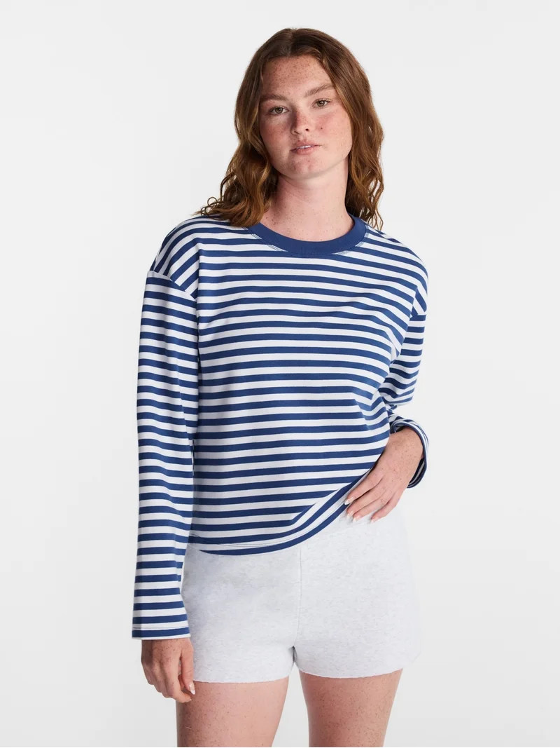 No Boundaries Oversize LS Stripe Tee, Women\u2019s Sizes XXS-XXL | Walmart (US)