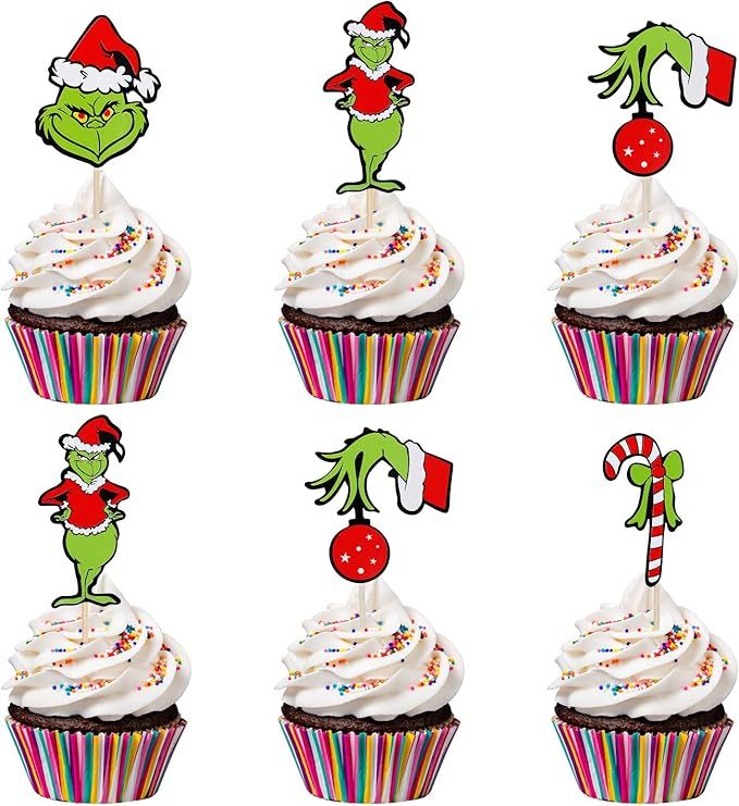 24Pcs Grinch Christmas Cupcake Toppers Red and Green, Grinch Christmas Food Fruit Picks for Grinc... | Amazon (US)