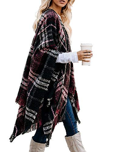 Bestshe Women's Boho Open Front Poncho Knitted Plaid Shawl Wrap Cape Tassel Cardigan Sweater | Amazon (US)