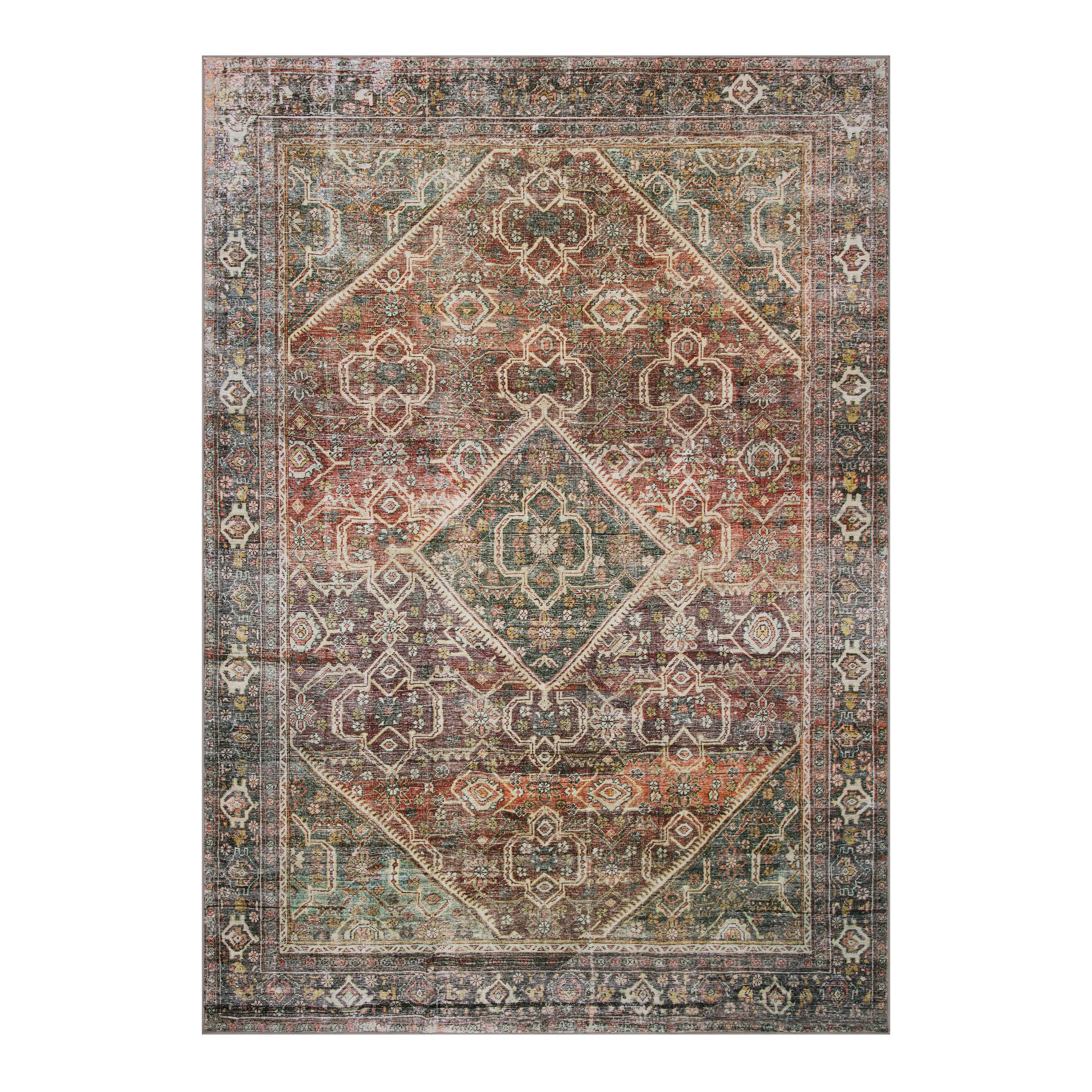 Rust and Green Distressed Persian Style Washable Area Rug | World Market