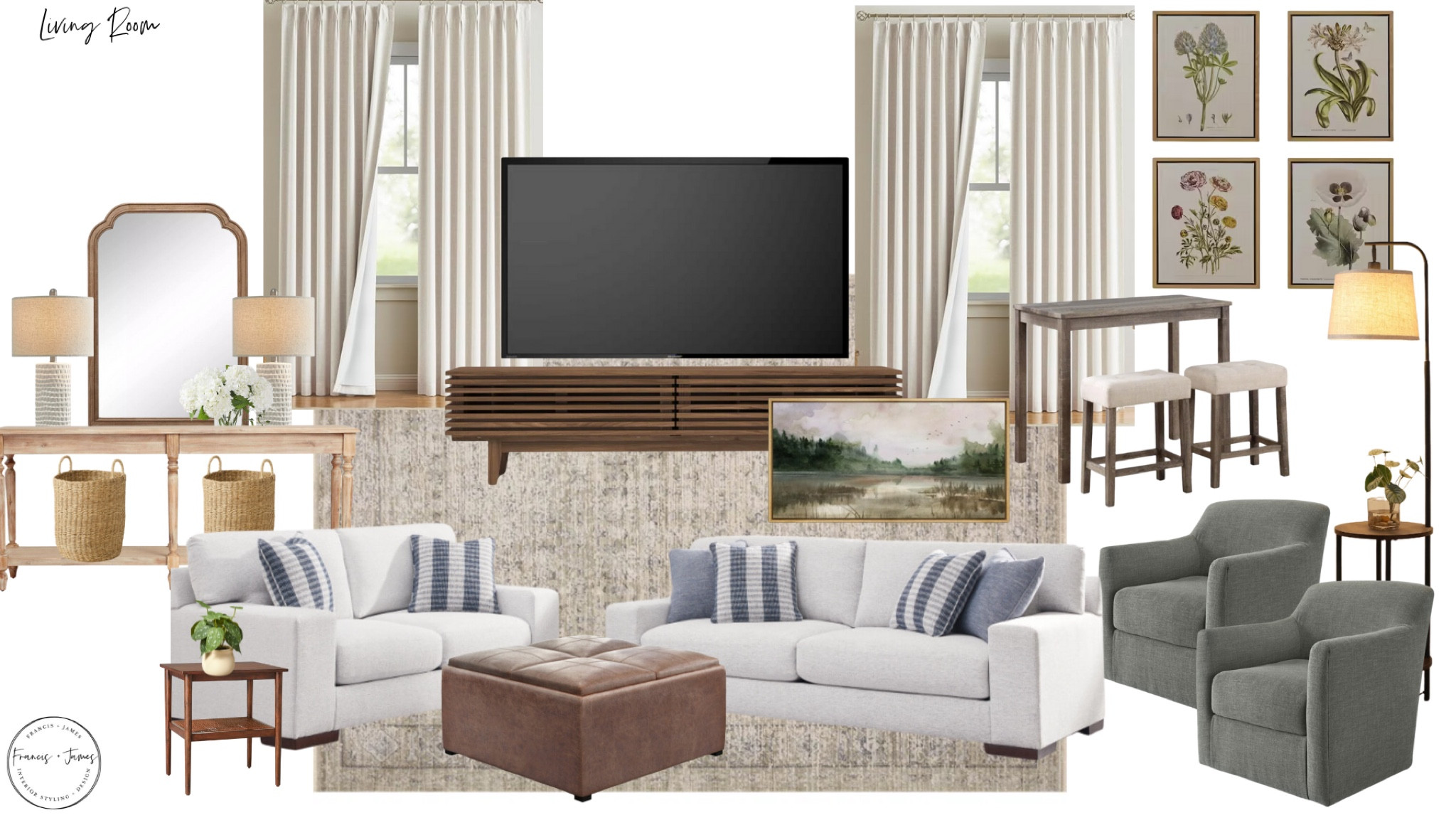 Living Room, Budget Friendly Living Room, couch and loveseat, storage ottoman, ottoman, leather ottoman, bar stools, media stand, neutral living room, large art, console table, living room baskets, swivel chairs, French return curtain rod, wooden mirror, large mirror, performance couches 

#LTKFindsUnder100 #LTKHome #LTKStyleTip