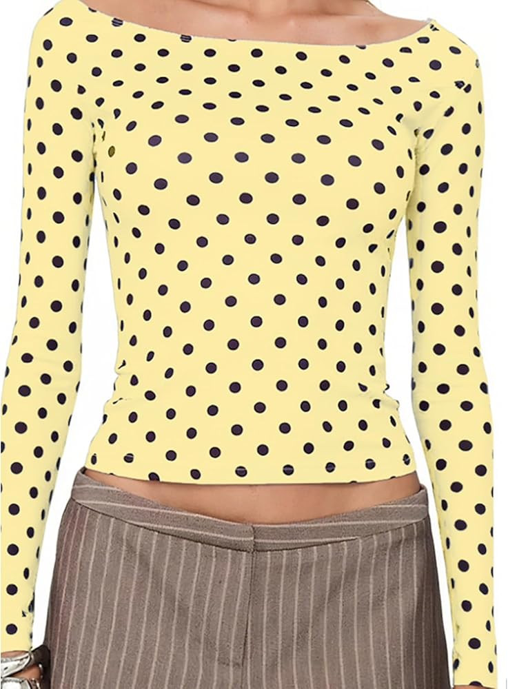 Women's Sexy Polka Dot Long Sleeve Crop Tops Slim Fit Crew Neck Casual Basic T Shirt Night Out Go... | Amazon (UK)