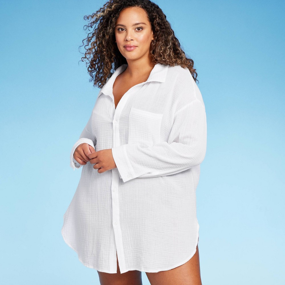 Women's Button-Up Cover Up Shirtdress - Kona Sol™ White 1X | Target