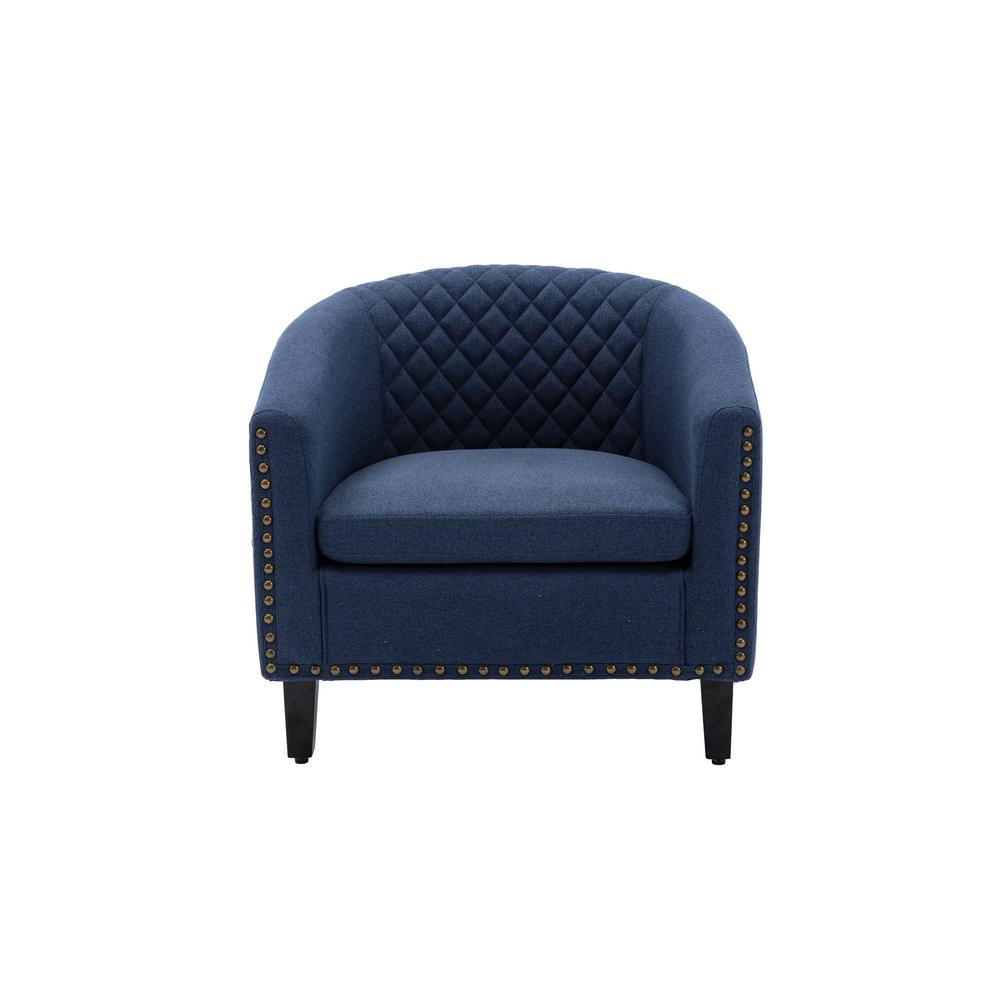LUCKY ONE Navy Barrel Arm Chair with Nailheads and Solid Wood Legs, Blue | The Home Depot
