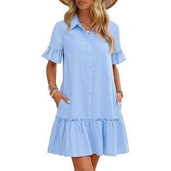 MEROKEETY Women's 2026 Summer Casual Shirt Dress Button Down Ruffle Sleeve Shift Mini Dresses wit... | Amazon (US)