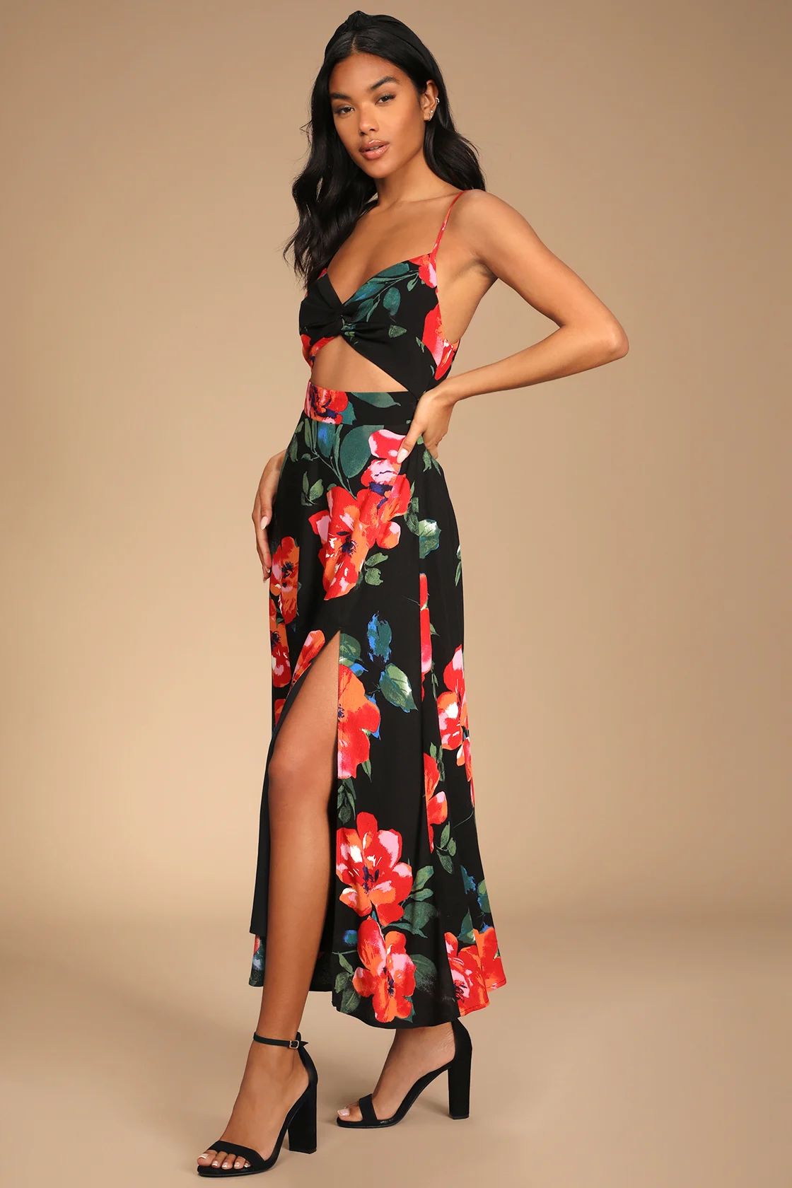 Tropical Blooms Black Floral Print Tie-Back Cutout Maxi Dress | Lulus