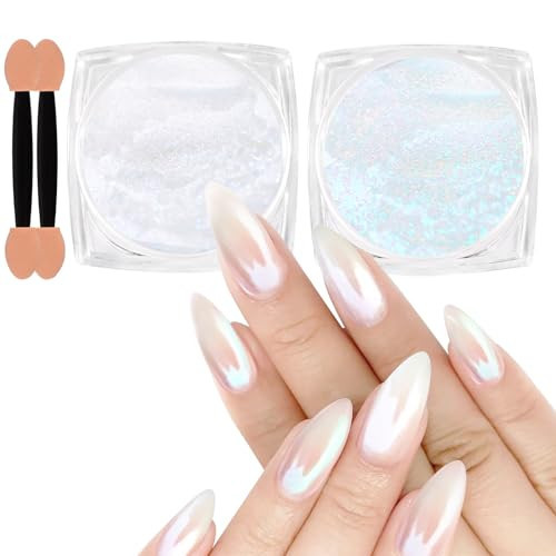 Allstarry White Pearl Chrome Nail Powder, 2 Colors Aurora Powder Metallic Mirror Effect Glitter Powder Pearlescent Ice Transparent Mermaid Pigment Dust for Gel Polish Nail Art- White Pearl Peacock | Amazon (US)