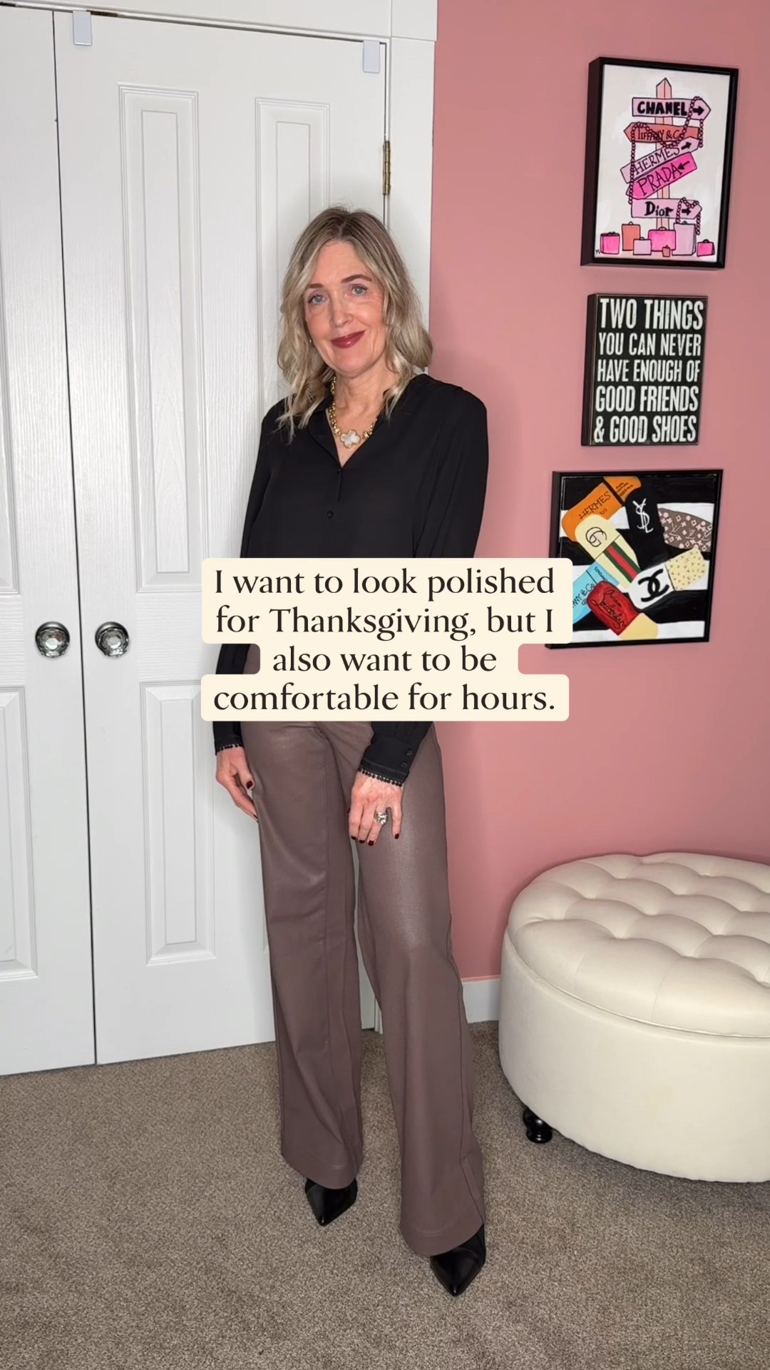 Comfy chic Thanksgiving outfit idea. Wearing the Janie blouse and Teresa coated wide leg denim in the color peppercorn from NYDJ. Affordable style that’s versatile to wear for the office, holiday parties and entertaining at home. Wearing size XS in blouse and 00 in denim. I’m 5’4” for reference. Currently on sale for 40% off with code YAYBF

Holiday outfit, Thanksgiving outfit, coated denim, workwear, fashion over 50, wide leg denim, black blouse. 

#LTKCyberWeek #LTKgrwm #LTKHoliday