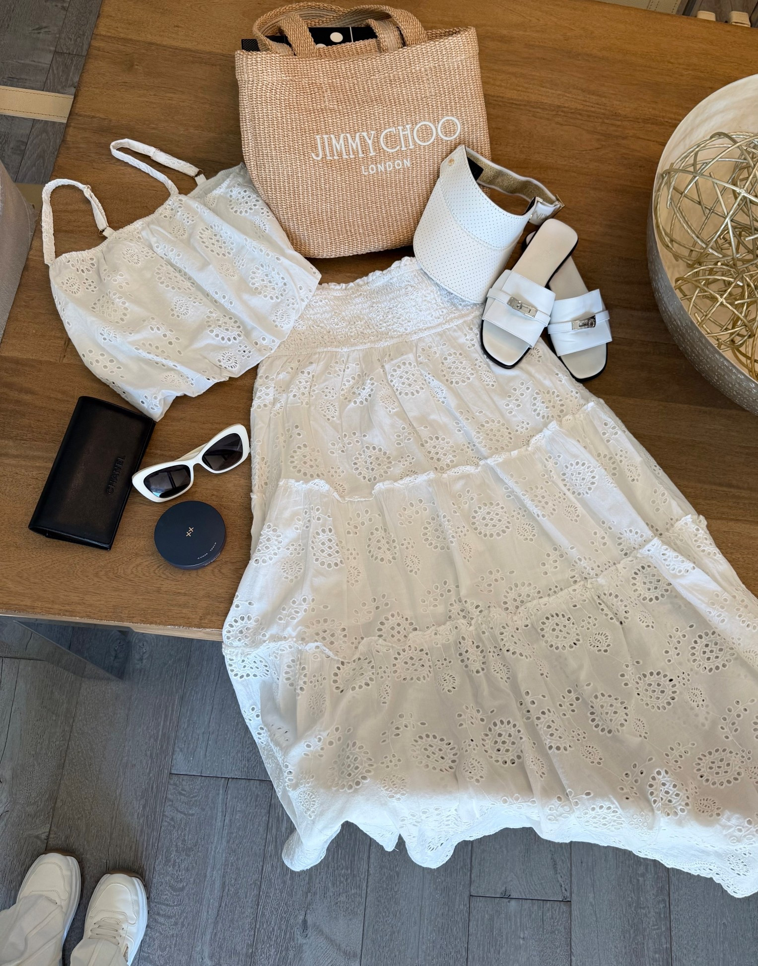 Packing essentials 

Scottsdale, AZ bound 

White eyelet crop top
White eyelet skirt 
White cat eye sunglasses
White visor
White slides
Raffia small tote
Sunscreen compact 

#travelwear #resortwear #vacationoutfit
#raffiabag #chanel #jimmychoo #hermes #changeofscenery #sunscreen #whitevisor

#LTKootd #LTKTravel #LTKOver40
