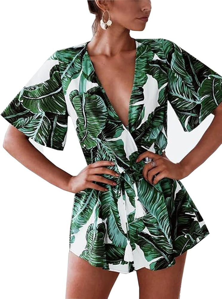 Women's Plunge V Neck Romper Printed Summer Beach Shorts Jumpsuits Playsuit | Amazon (US)