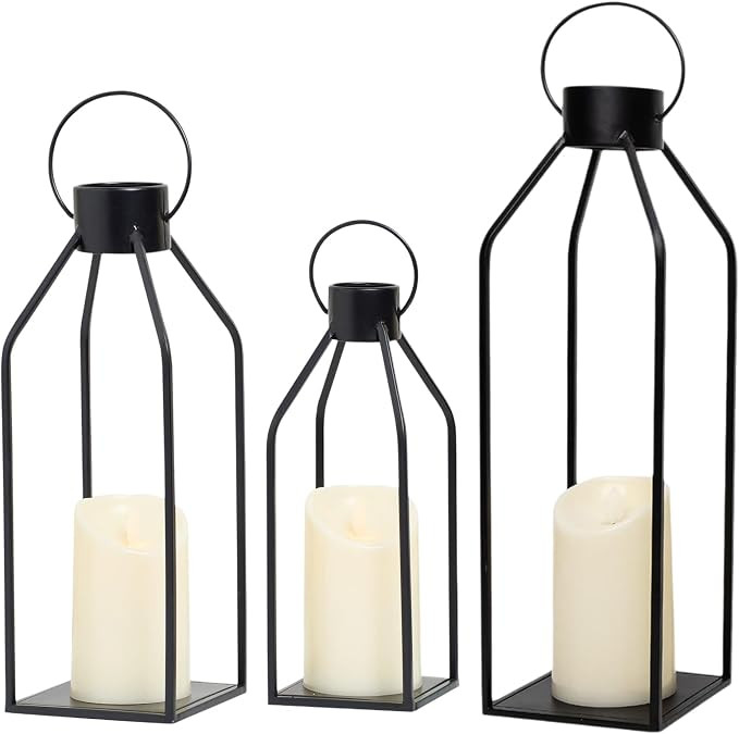 3 Pcs Black Metal Candle Lanterns Decorative,Modern Farmhouse Lantern Decor with 3 Realistic Flic... | Amazon (US)