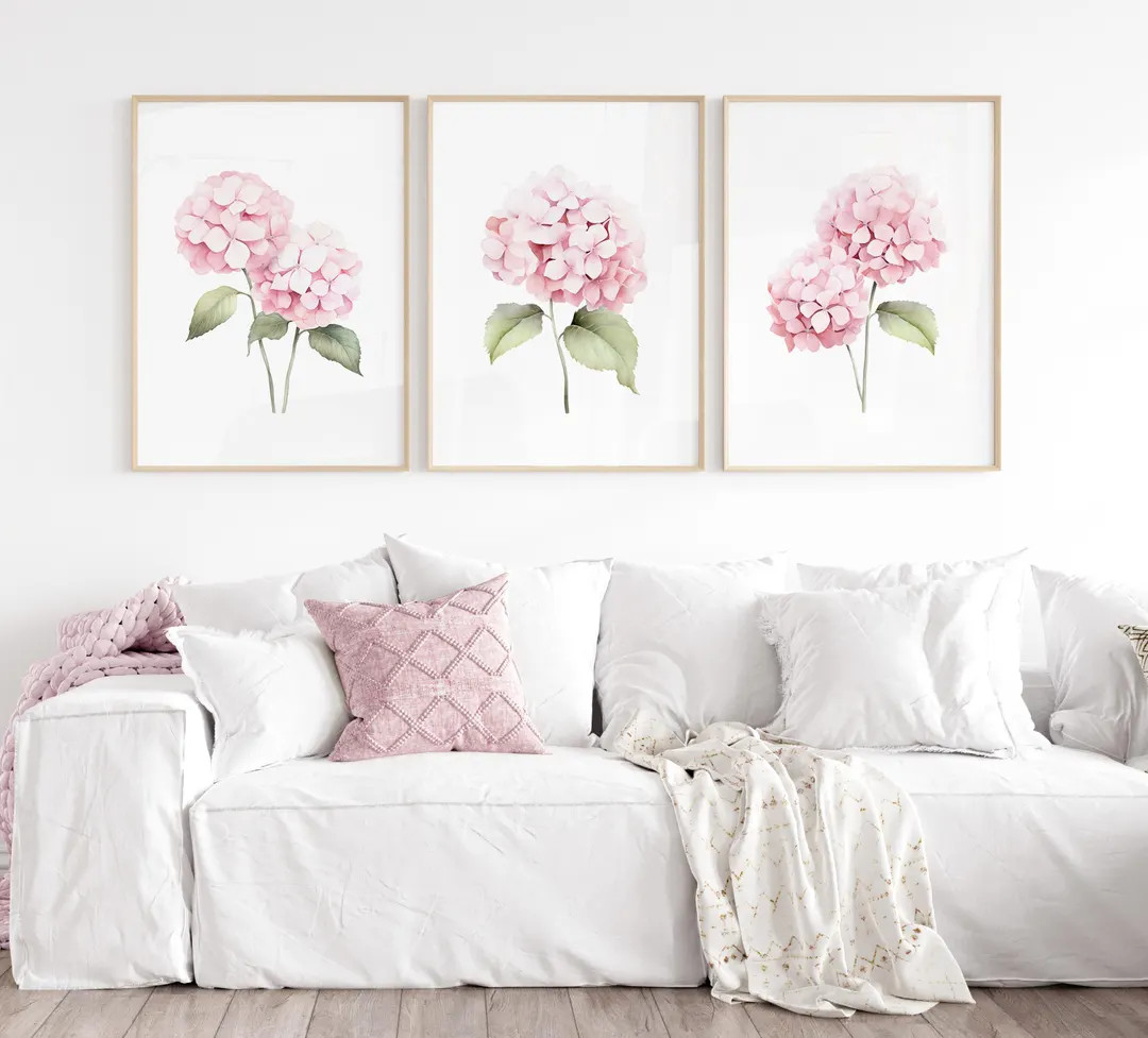 Pink Hydrangea Flowers Set of 3 Prints, Watercolor Botanical Abstract Wall Decor, Hamptons Style ... | Etsy (US)