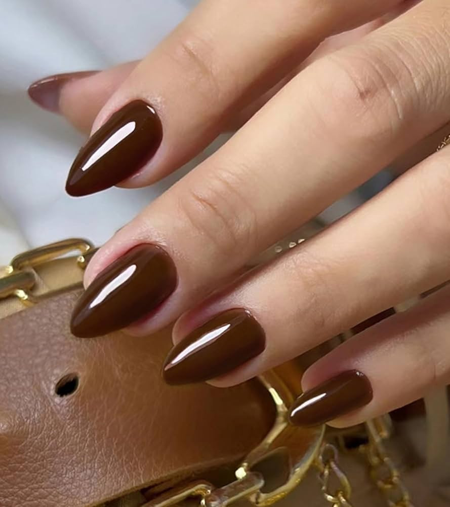 Morily Press on Nails Almond, Dark Brown Short Fake Nails with Designs Reusable Acrylic False Nai... | Amazon (US)