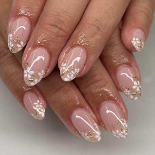 evpct 3D Nude Pink Press on Nails Short Almond with Gold White Flower Design, Short Almond Stick on Nails for Women Gift with Kit, Reusable Soft Gel Acrylic Press on Fake Nail with Floral Design | Amazon (US)