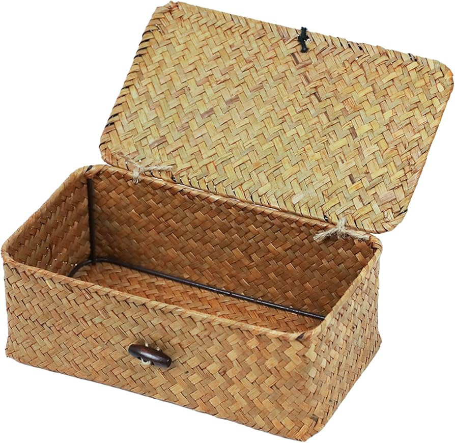 Wicker Storage Basket with Lid, Natural Seagrass Storage Baskets for Organizing, Rectangular Wove... | Amazon (US)