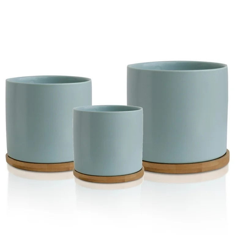 City & Rose Round Pastel Blue Ceramic Plant Pot Set with Bamboo Coasters indoor Planters 3 Count | Walmart (US)