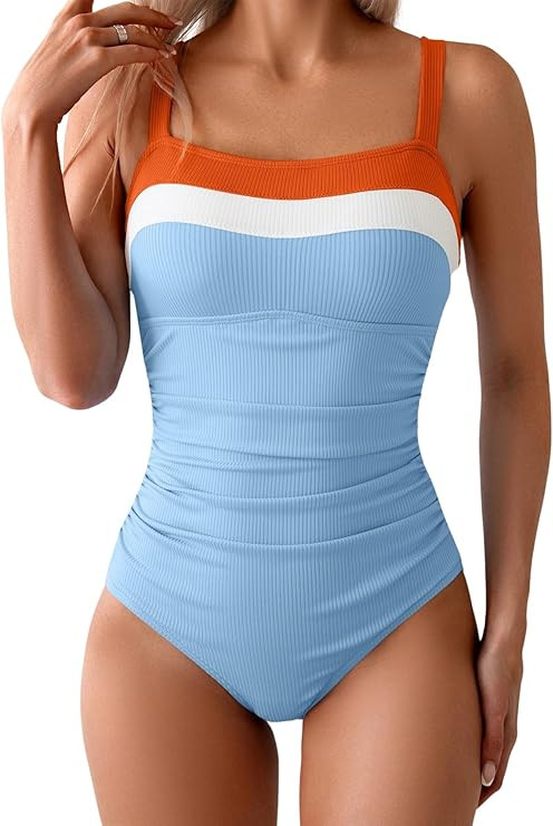 Women's Ribbed One Piece Swimsuits Color Block Tummy Control Bathing Suit Slimming 1 Piece Swimwe... | Amazon (US)