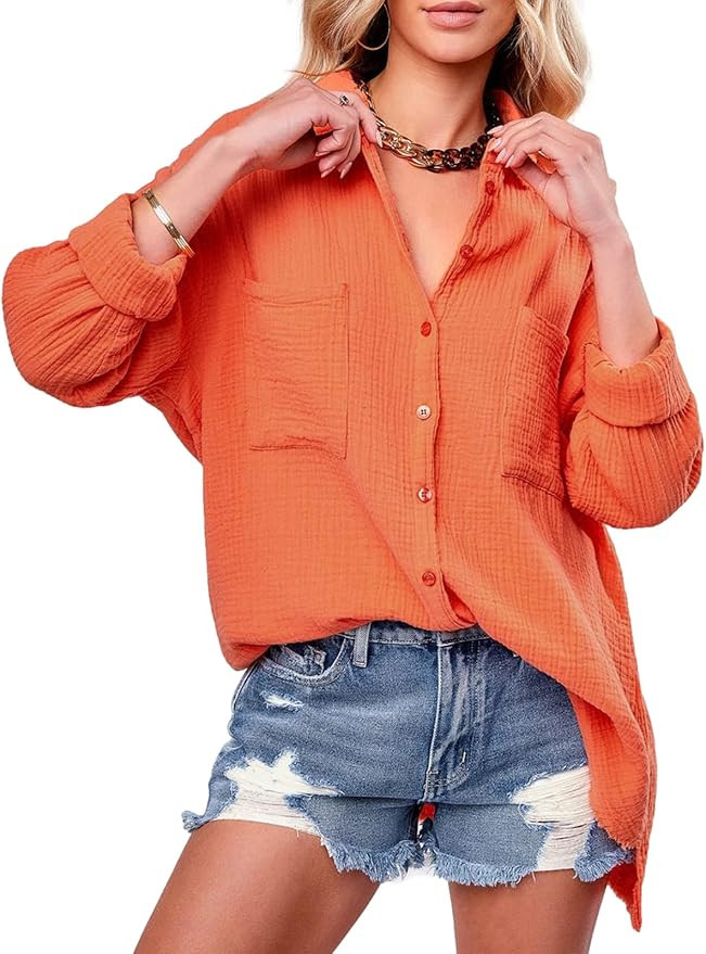 SENSERISE Womens Button Down Shirt Swimsuit Beach Cover Up Oversized V Neck Collared Blouses Tops... | Amazon (US)