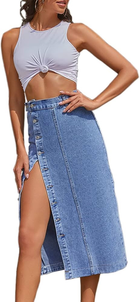 NIGHTMISS Womens High Waisted Washed Button Front Denim Long Skirt Midi Length A Line Denim Jean ... | Amazon (US)