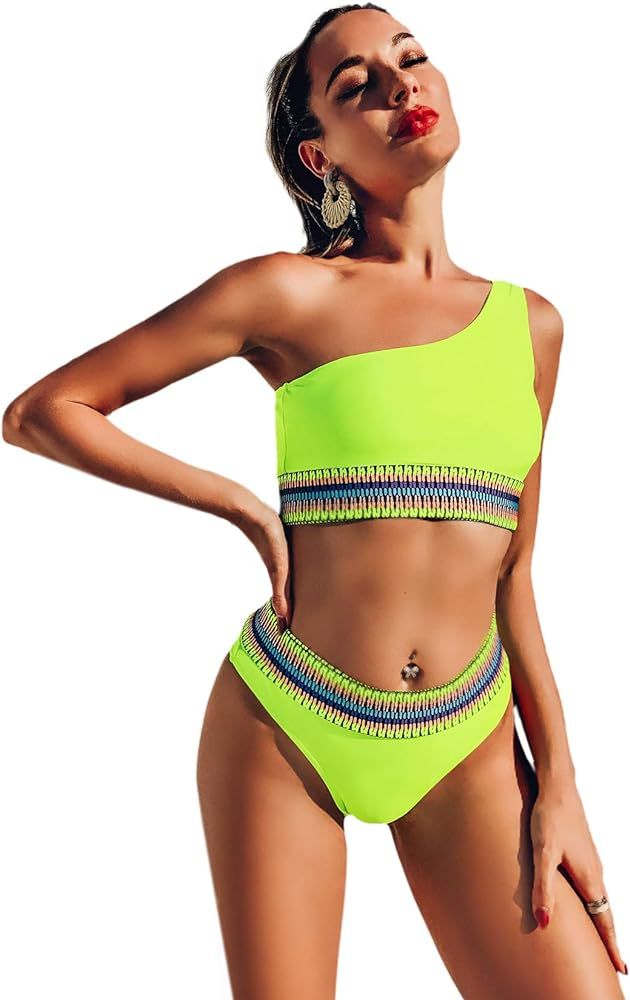 Floerns Women's One Shoulder Bikini Set Striped Two Piece Swimsuit Bathing Suit | Amazon (US)
