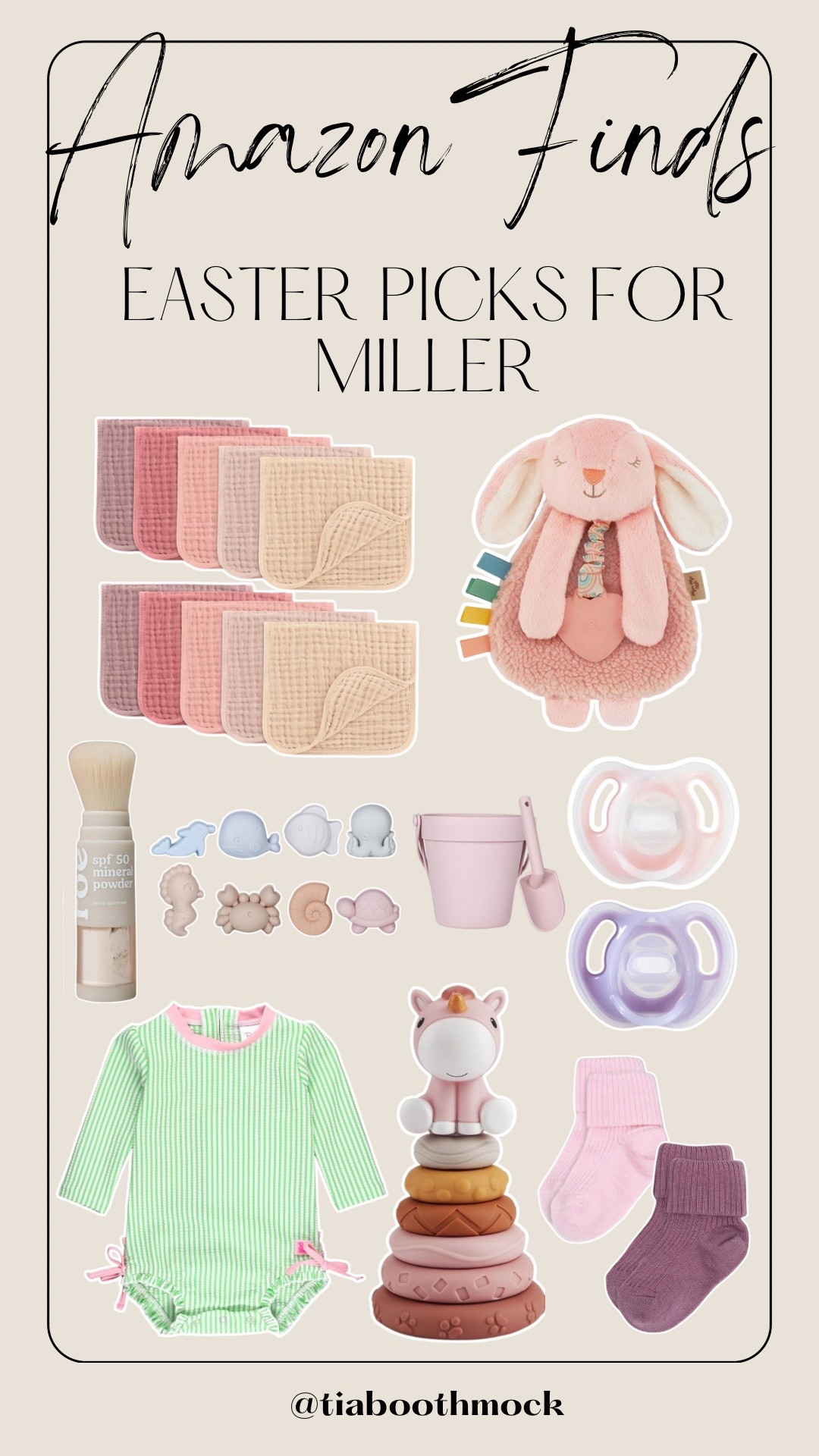 @Amazon Easter basket finds for baby girl. Our favorite pacis and burp rags #Easter2025 #amazonpartner 

#LTKKids #LTKSeasonal #LTKBaby
