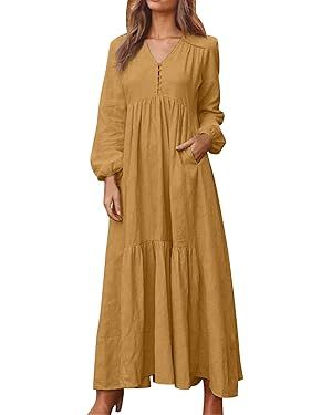 Geleglaer Maxi Dress for Womens Long Sleeve Cotton Linen Fall Dress Casual Tiered Button Boho Dre... | Amazon (US)