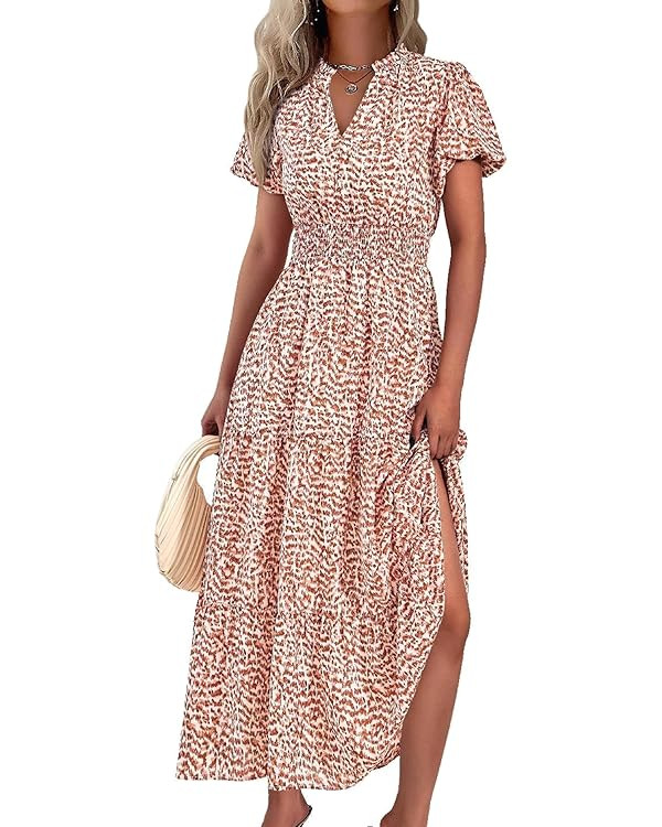 MASCOMODA Summer Maxi Dresses for Women 2025 Casual V Neck Puff Short Sleeve Smocked Flowy Beach ... | Amazon (US)