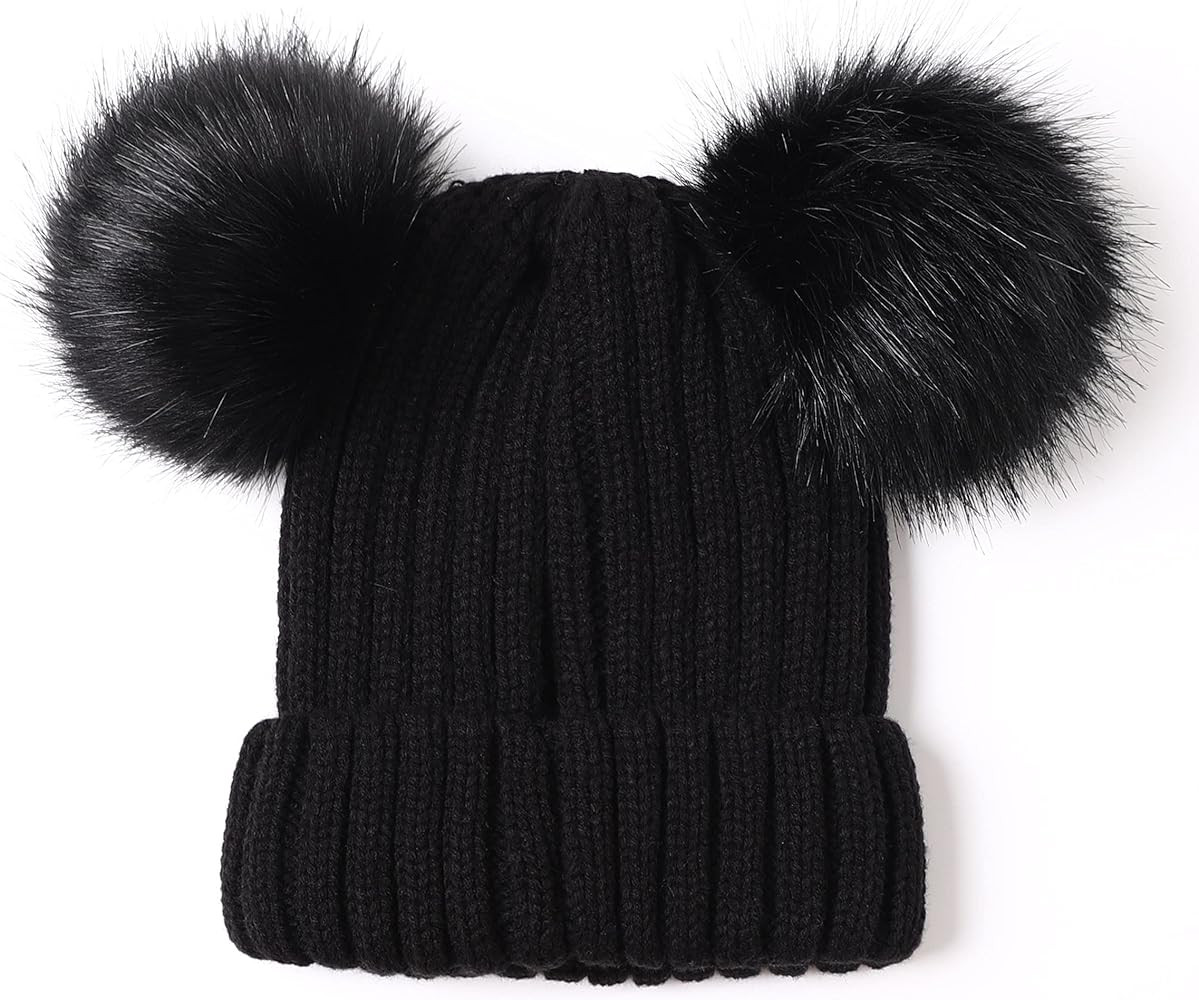Womens Winter Hat Cable Knit Silk Satin Lined Beanie for Women Girls Double Faux Fur Pom Pom Ears | Amazon (US)