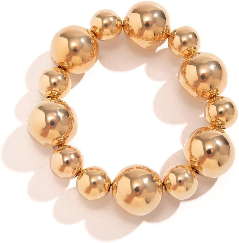 Statement Gold Beaded Bracelets for Women Strand Tarnish Chunky Dainty Link Stackable Beads ball ... | Amazon (US)
