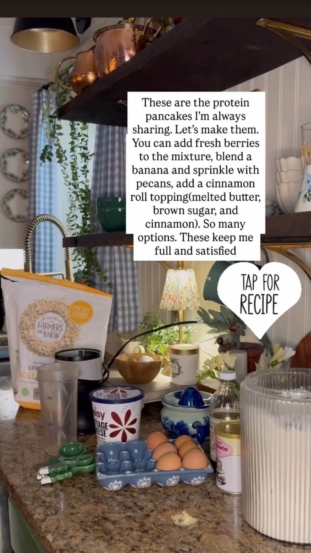 These are the protein pancakes I’m always sharing. Let’s make them. You can add fresh berries to the mixture, blend a banana and sprinkle with pecans, add a cinnamon roll topping(melted butter, brown sugar, and cinnamon). So many options. These keep me full and satisfied
