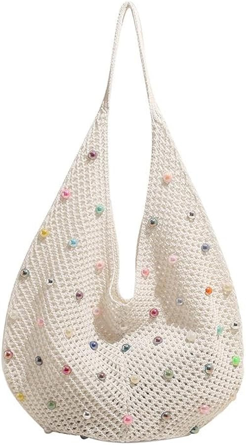 Boho Crochet Beach Tote Shoulder Bag with Colored Beads | Colorful Aesthetic Hippie Knit Bag for ... | Amazon (US)